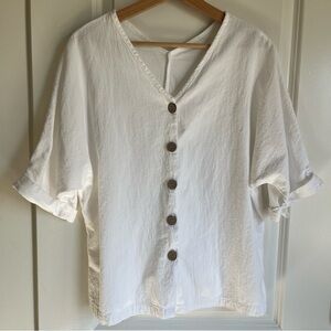White Linen Blend V-Neck Button Down Blouse | Dolman Sleeve Lagenlook Top
